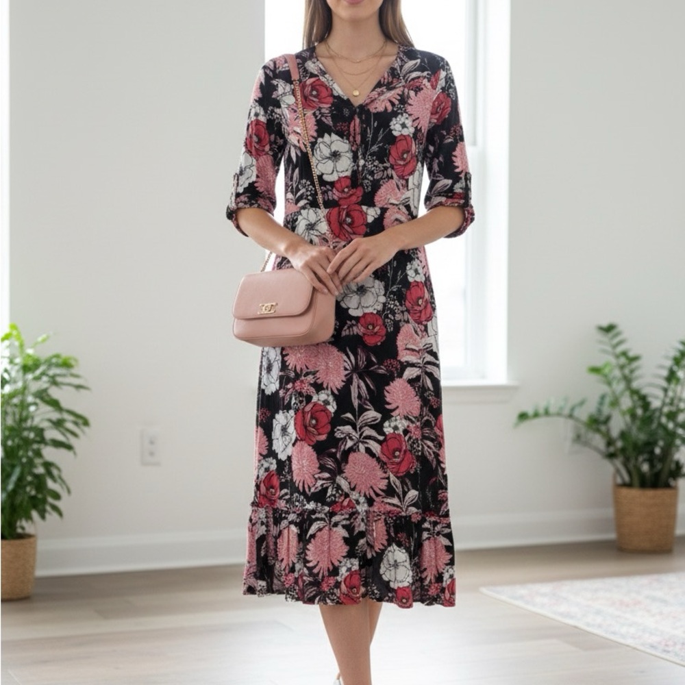 R&M Richards Black and Pink Floral Long Sleeve Dress